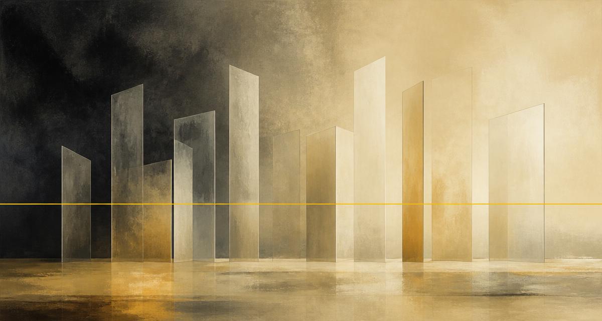 Abstract editorial illustration of translucent vertical panels crossed by a thin yellow line