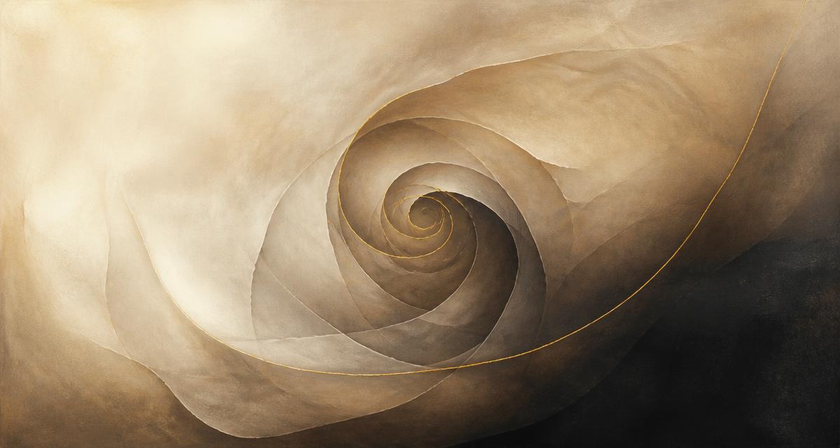 Abstract editorial illustration of an inward spiral of layered folds in beige and charcoal