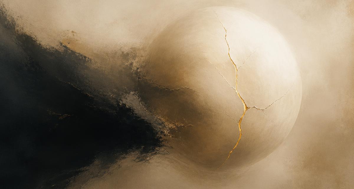 Abstract editorial illustration of a pale sphere fractured by a fine golden fault line