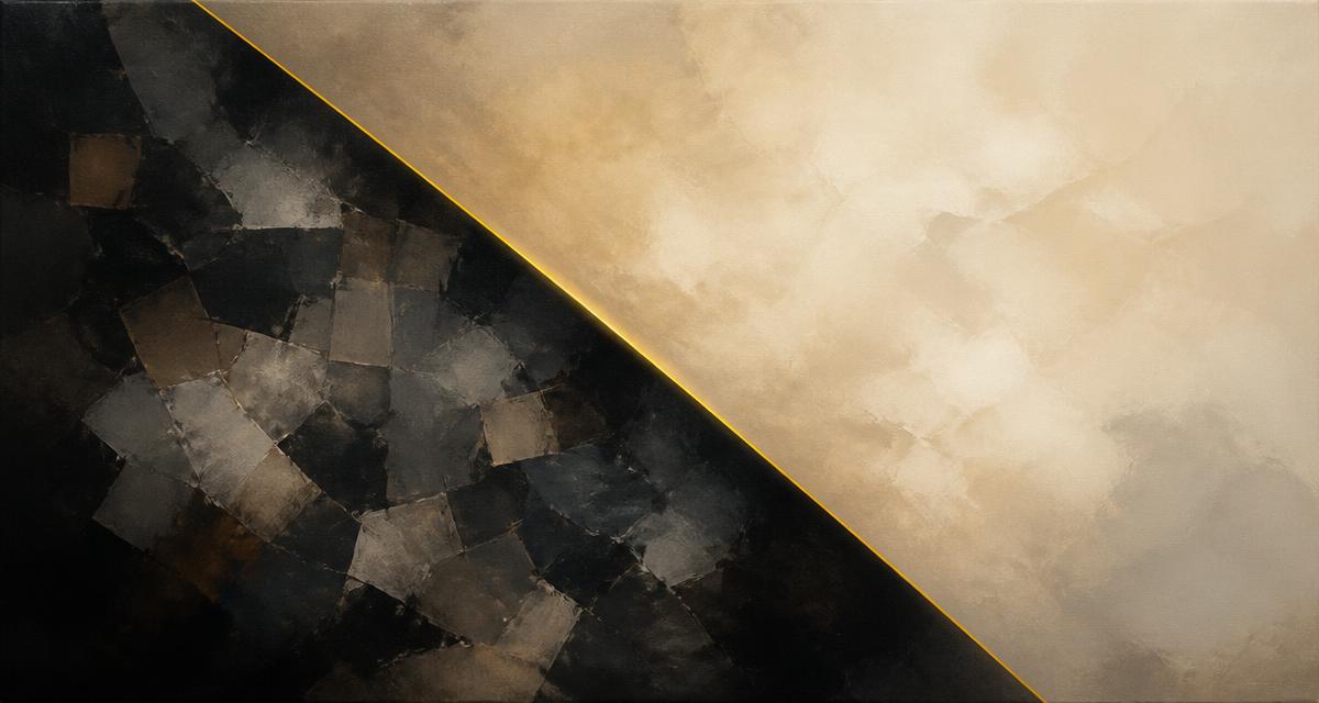 Abstract editorial illustration of a fragmented dark field meeting a calm beige field along a yellow diagonal