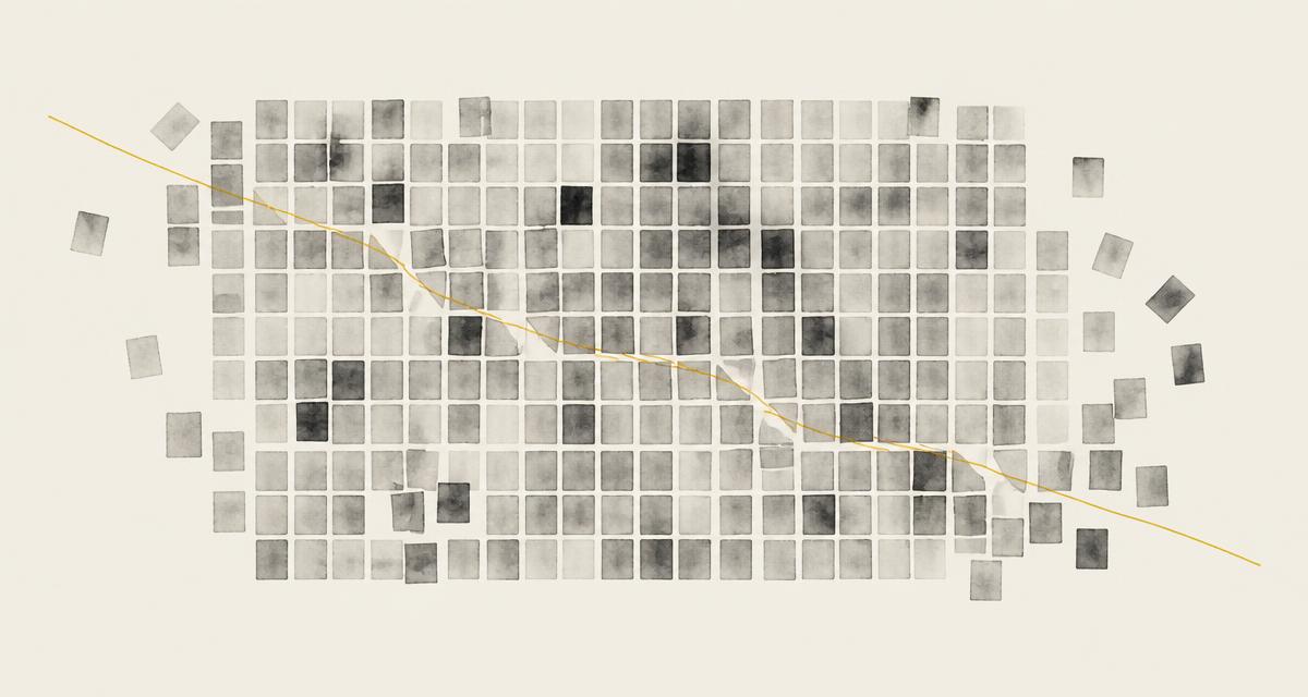 Abstract editorial illustration of a dense grid of translucent tiles with fractured rows and a thin yellow thread
