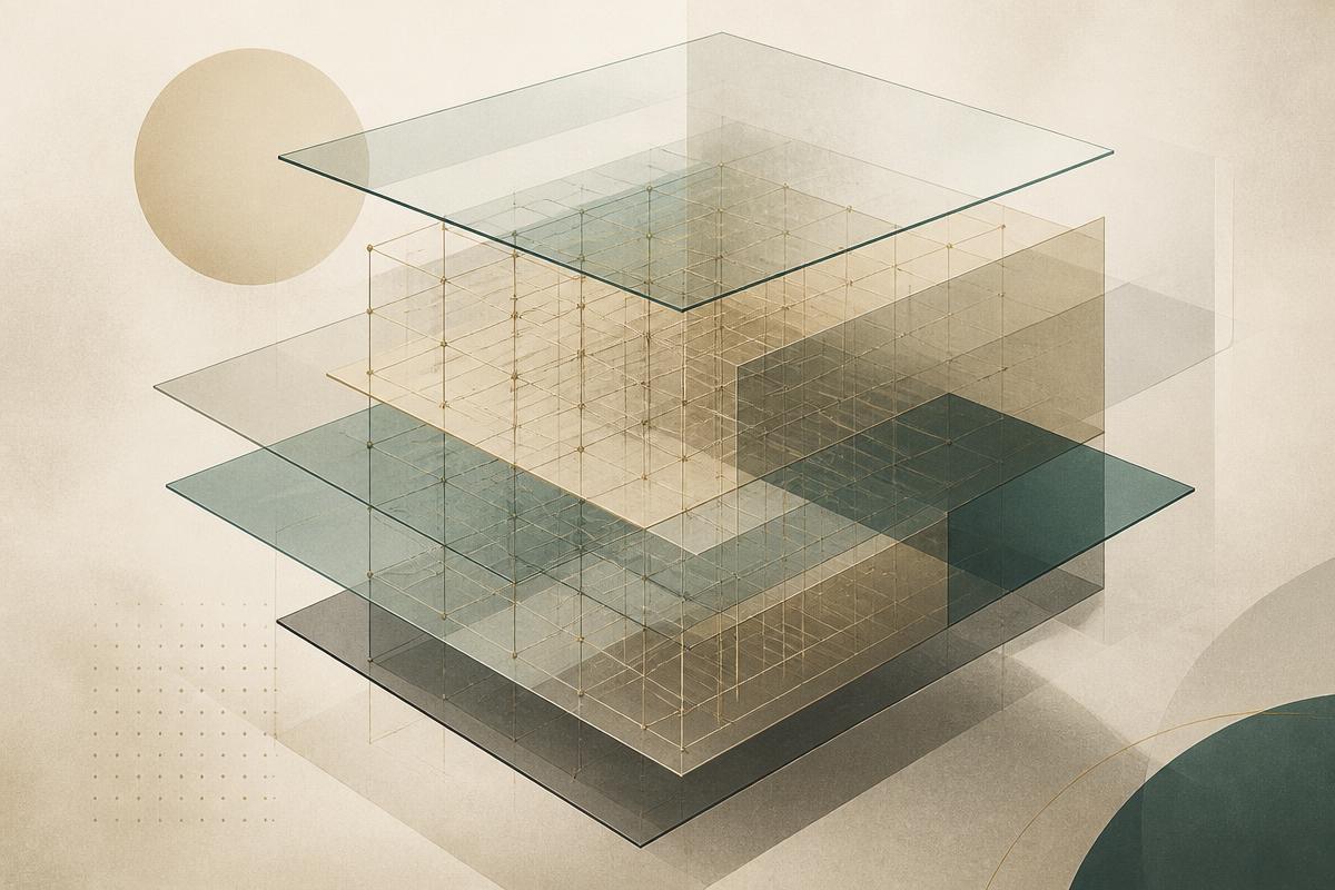 Layered translucent planes revealing an inner lattice structure, representing open, inspectable AI integrity