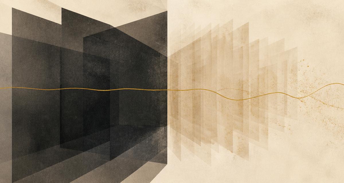 A sealed charcoal block facing a fanned stack of translucent copies, split by a thin ochre line