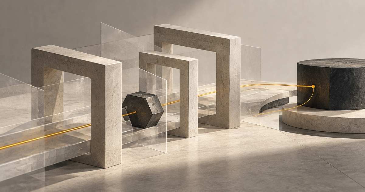 Stone archways and translucent planes along a golden line, with a dark geometric form moving through them